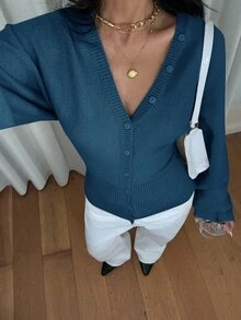 Siren Gaze 女款純色鈕扣修身腰針織開襟衫，休閒日常穿著，秋冬/新年/冬季女款毛衣 - 水鴨藍 - 查看 6