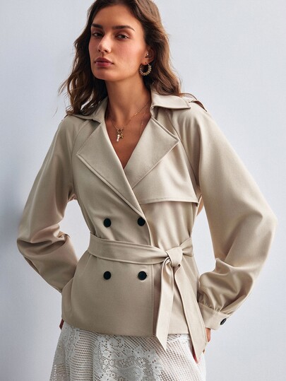 Willow Rêve Women's Short Double-Breasted Long Sleeve Khaki Trench Coat