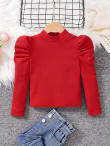Emery Rose Kids Emery Rose Kids 女童修身復古羊腿袖小立領T恤，運動風，適合秋冬休閒日常穿著與上學穿搭，酷街頭風，萬聖節，Y2K女孩，休閒可愛，姐妹裝，母女套裝，黑色 - 紅色 - 查看 2