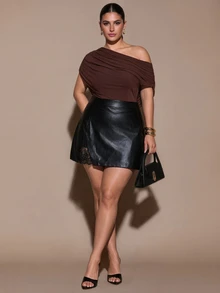 SHEIN BAE CURVE تنورة نسائية مقاس كبير باللون الأسود مع تطريز دانتيل، مناسبة للارتداء اليومي - الأسود - مشاهدة 3