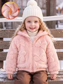SHEIN Playful Pals 女童可愛加厚抓絨連帽外套 1件裝，粉色蝴蝶結雙面抓絨布料搭配熊耳裝飾，長袖拉鍊夾克，柔軟舒適，甜美可愛，適合女童日常上學、外出、度假、派對，秋冬返校穿著 - 粉色 - 查看 3