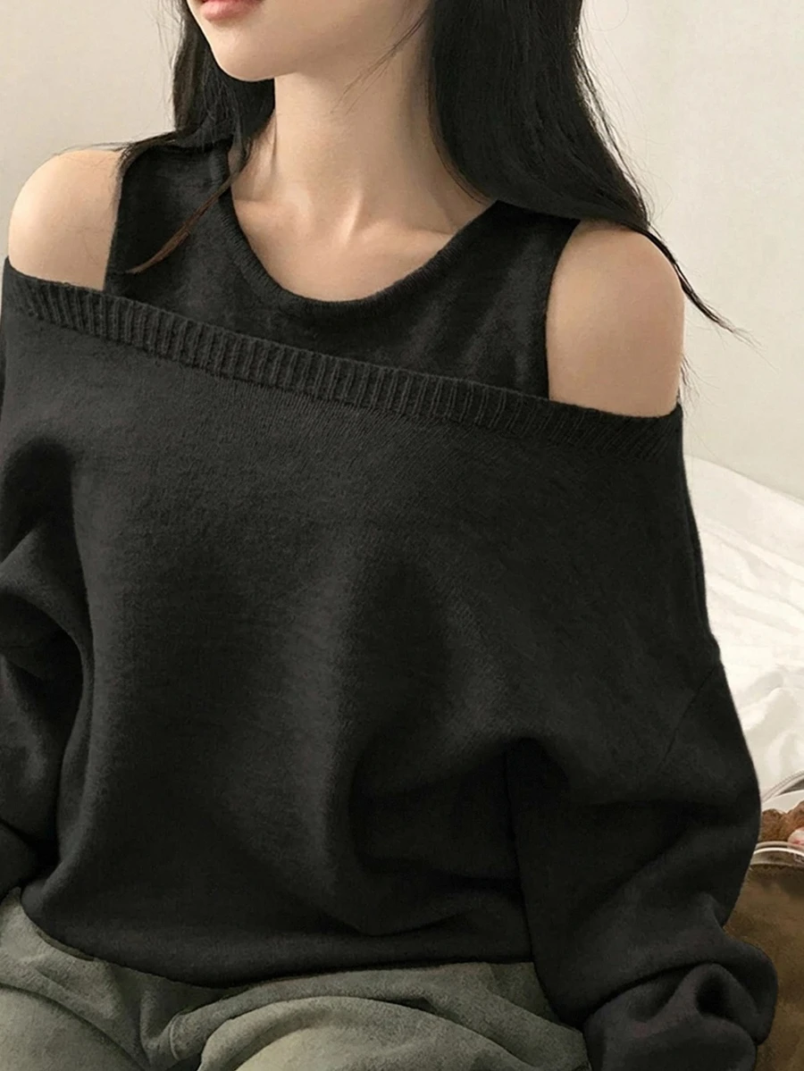 DAZY 女款純色圓領無袖背心與露肩休閒寬鬆針織毛衣 2 件套 - 黑色 - 查看 1