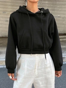 DAZY Women's Solid Color Cropped Sweatshirt - Black - View 8