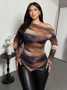 Firerie Plus Size Women's Autumn/Winter Abstract Print Asymmetric Shoulder Ruched T-Shirt - Multicolor - View 7