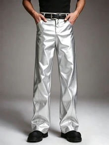 STYNVO Men's PU Leather Patchwork Fashion Long Pants - Silver - View 3