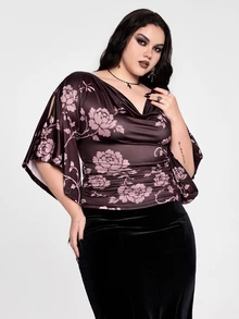 ROMWE Goth 大尺碼女款磚紅色花卉印花荷葉邊下擺飛袖上衣 - 酒紅色 - 查看 8