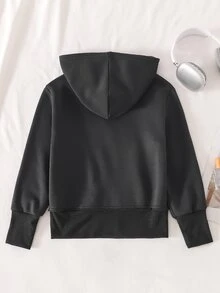 SHEIN 女童休閒連帽拉鍊運動衫與運動上衣，附袋鼠口袋、長袖羅紋袖口，寬鬆舒適版型，柔軟親膚面料，休閒貼身輪廓，適合日常外出、購物、通勤，極簡純色百搭 - 深灰色 - 查看 2
