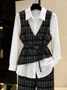 Modelyn Setelan Kasual 2 Potong Wanita Ukuran Besar dengan Atasan Lengan Panjang dan Celana Motif Patchwork 2 in 1 - Hitam dan Putih - View 3