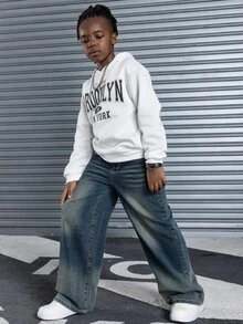 SHEIN 青少年男孩直筒寬鬆休閒百搭牛仔長褲 - 深色水洗藍 - 查看 3