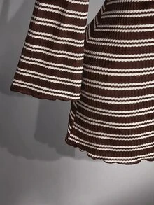SHEIN ICON 大尺碼彩色條紋露背喇叭袖針織洋裝 - 咖啡棕 - 查看 7