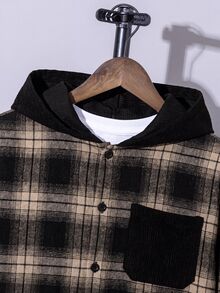 SHEIN 青少年男孩秋季新款連帽格紋襯衫外套，兒童時尚復古黑棕格紋長袖開襟上衣，寬鬆版型連帽口袋設計，春秋休閒百搭外套 - 彩色 - 查看 3