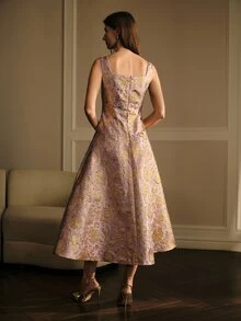 MOTF PREMIUM ELEGANT JACQUARD MID-LENGTH DRESS FOR WOMEN - Purple - View 3