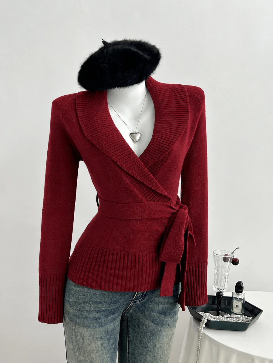 Elamini Women's Deep Brown Oversized Lapel Cross-Waist Tie-Up Sweater, Hot Girl Style - Burgundy - View 1