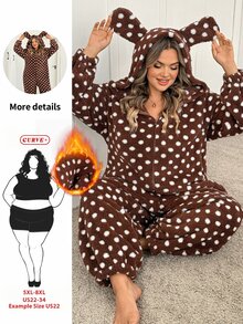 SHEIN CURVE+ Autumn/Winter Thermal Lined Brown Polka Dot Hooded Rabbit Ears Jumpsuit - Multicolor - View 1