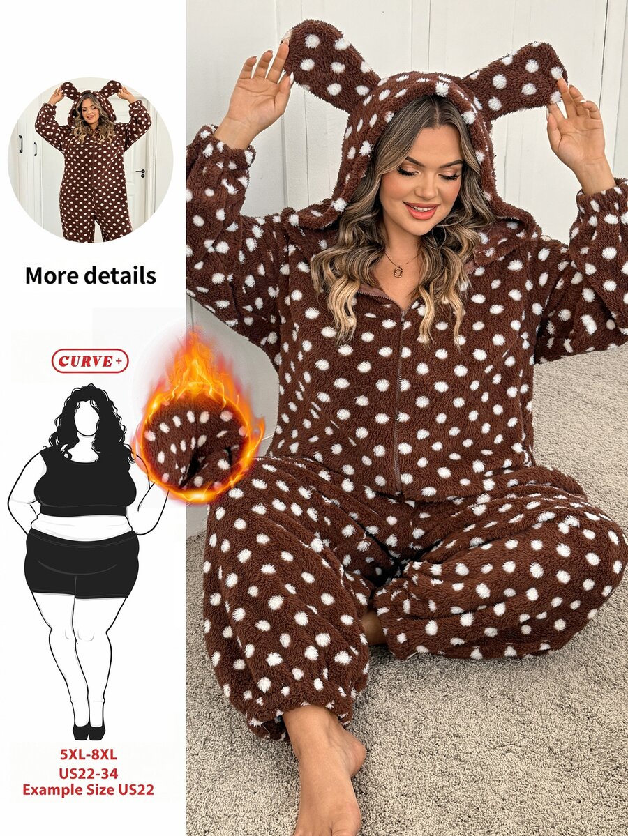 SHEIN CURVE+ Autumn/Winter Thermal Lined Brown Polka Dot Hooded Rabbit Ears Jumpsuit - Multicolor - View 1