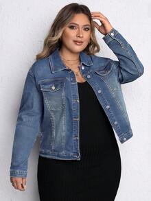 EMERY ROSE Áo khoác denim tay dài cài cúc co giãn phong cách tối giản size lớn - Rửa trung bình - Xem 6
