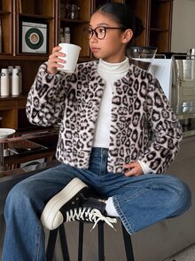 SHEIN 青少年女孩夾克，可愛街頭風，米色人造毛，冬季，職業日體育館 - 咖啡棕 - 查看 6