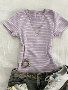 DAZY Kaos Lengan Pendek Slim Fit Bergaris Kasual untuk Anak Perempuan Remaja - Purple - View 1