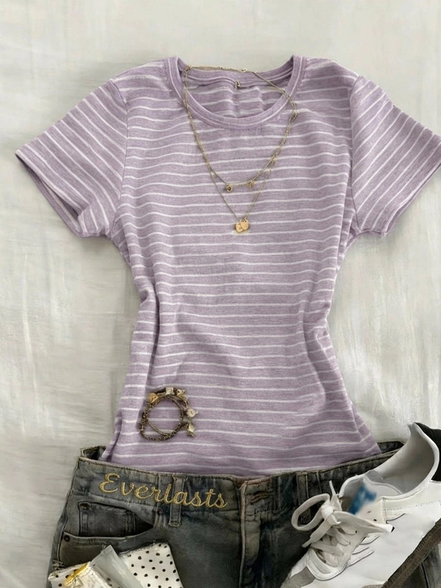 DAZY Kaos Lengan Pendek Slim Fit Bergaris Kasual untuk Anak Perempuan Remaja - Purple - View 1