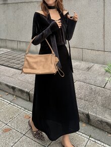 FRIFUL Women's Autumn Solid Color Velvet Fabric Camisole Dress & Cardigan 2 Pieces Set - Black - View 3