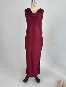 Cheriluna Maternity Burgundy Shiny Fabric Ruched Neck Maternity Portrait Dress, Sleeveless Tank Top Bodycon Split Fishtail, Elegant And Glamorous For Evening Party - Burgundy - View 9