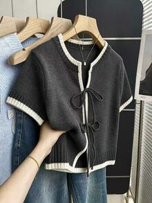 SHEIN Franclia 休閒寬鬆圓領短袖針織開襟外套，對比色邊緣，女款春/秋季 - 深灰色 - 查看 1