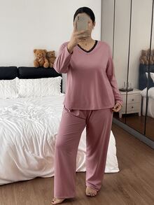 Napfluff CURVE Napfluff CURVE Contrast Color Lace Trim V-Neck Loose Long Sleeve Pants Pajama Set Plus Size - Multicolor - View 4