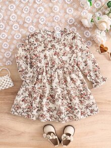 SHEIN Baby Girl Ditsy Floral Round Neck Ruffle Cuff Cute Dress - Pink - View 7
