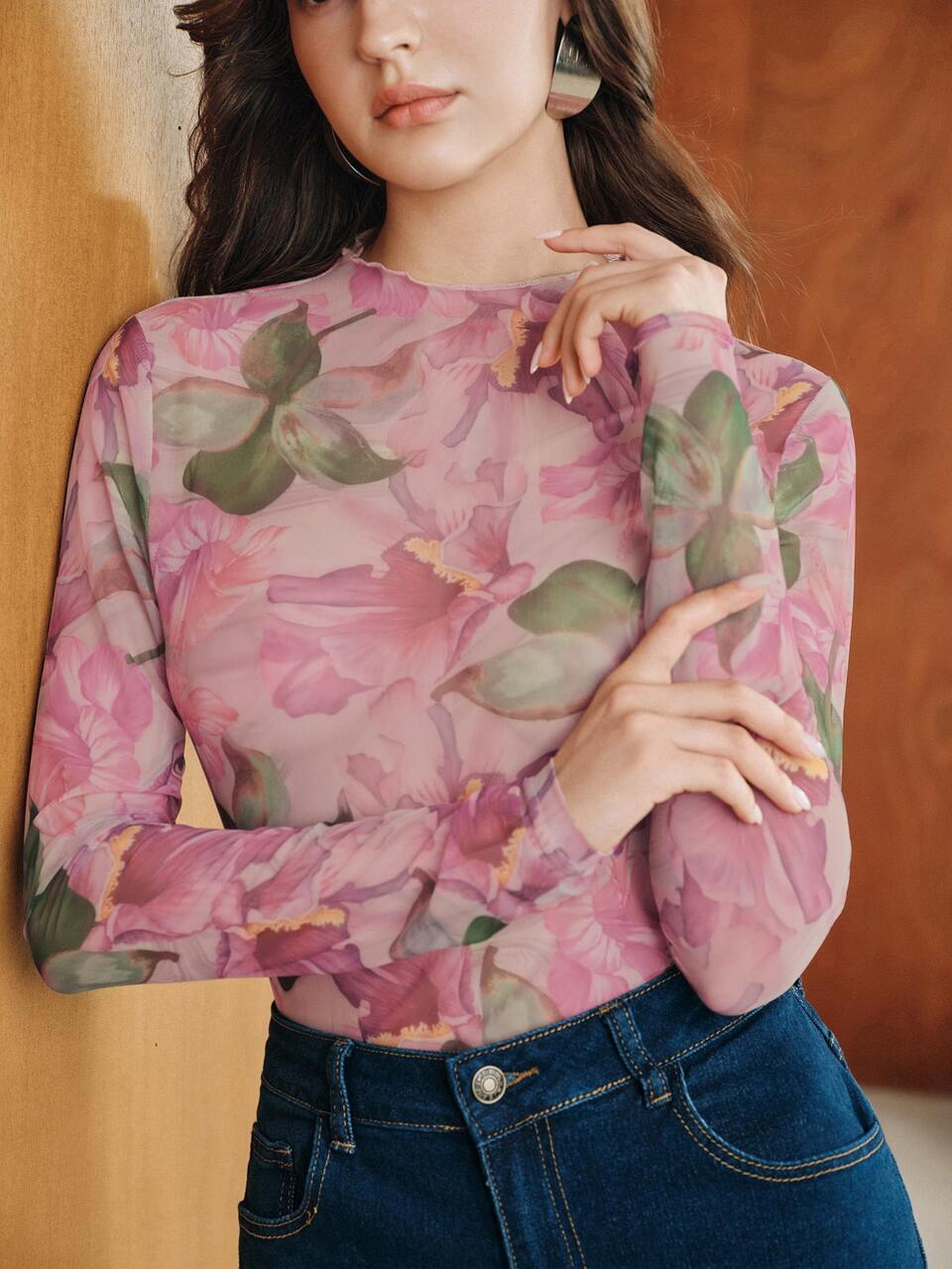Anewsta Autumn/Winter New Elegant Fashion Casual Outing Date Party Holiday Elastic Mesh Printed Long Sleeve Women's Bodysuit
