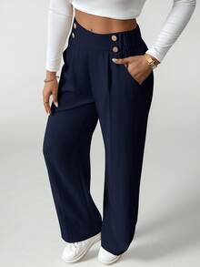 SHEIN PETITE Women's Elegant Double Button Straight Office Pants - Dusty Blue - View 8