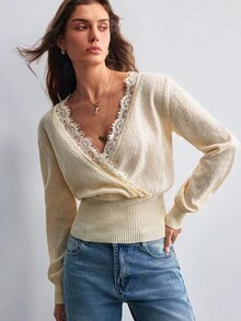 Willow Rêve Women's Blue V-Neck Patchwork Embroidered Trim Loose Sweater - Apricot - View 4