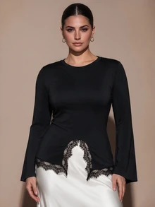 SHEIN BAE CURVE 大尺碼女款蕾絲拼接休閒日常長袖上衣 - 黑色 - 查看 1