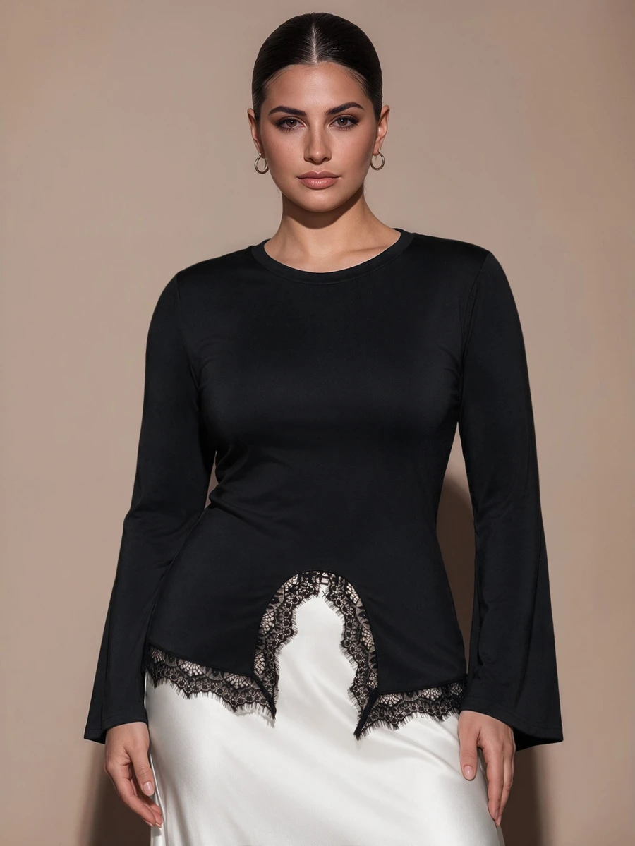 SHEIN BAE CURVE 大尺碼女款蕾絲拼接休閒日常長袖上衣 - 黑色 - 查看 1