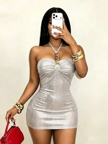 BamGleam Women's Ruched Metal Chain Link Sexy Halter Neck Mini Dress - White - View 6