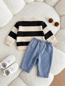 Newborn Baby Minimalist Striped Round Neck Winter Top And Pocket Denim Pants Set - Black - View 6