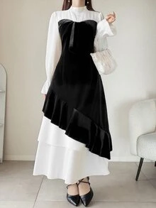 FRIFUL Women's Elegant Long Dress With Stand Collar And Bow Decor, 2 In 1 Design - Black - View 4