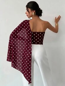 Firerie 女款波點不對稱領口上衣 - 酒紅色 - 查看 2