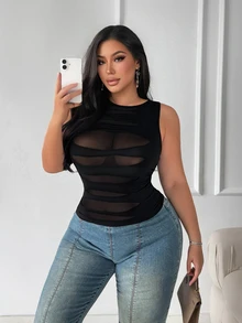 SHEIN SXY Plus Size Women Solid Color Contrast Mesh Fitted Sexy Tank Top - Black - View 4