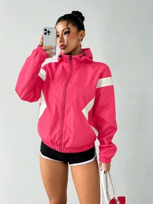 Exploreva Exploreva Women's Striped Colorblock Zip-Up Hooded Sports Jacket - Watermelon Pink - View 3