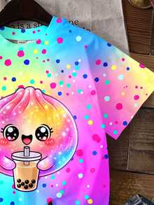 Tween Girl Casual Minimalist Cute Fun Squeeze Bun Pattern, Glitter, Rhinestone Bun, Tie-Dye, Round Neck Short Sleeve T-Shirt, Suitable For Summer, Kawaii, Graphic, Tops, Cute Tops, Easy Comfort - 彩色 - 查看 4