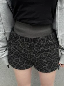 FRIFUL Women's Leopard Print Faux Fur Fashion Sexy Versatile Shorts Lounge Dark Grey Autumn - Brown - View 1