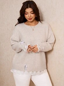 Elaquor Sweater Pullover Renda Ukuran Plus dengan Dekorasi Pita Manis - Krem - View 6