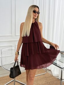 Easowa Round Neck Multi-Layer Ruffle A-Line Chiffon Sheer Flowy Sleeveless Casual Relaxed Elegant Commute Old Money Style Vacation Spring Summer Women's Short Dress - Burgundy - View 6
