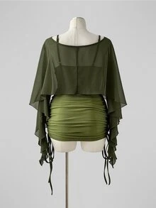 Sunspun Plus Size Spring/Summer Sheer Top & Fitted Drawstring Cami Dress 2 Pieces Set - Army Green - View 2