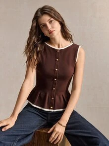 BizChic 杏色女款針織上衣，對比色飾邊下擺，優雅法式復古休閒風，適合秋季、萬聖節、教堂、特殊場合、婚禮賓客、派對、約會、度假、生日、極簡通勤、性感正式浪漫商務日常，百搭顯瘦，秋冬感恩節，溫柔甜美，學院風，鄉村風，藝術感，高端優雅，收腰修身 - 棕色 - 查看 5