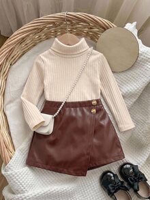 SHEIN Baby Girl Solid Color High Neck Long Sleeve T-Shirt And PU Leather Asymmetric Hem Skort Fashion Set - Brown - View 6
