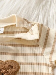 SHEIN 1pc Newborn Baby Girl Boy Romper Cute Sweet Beige Cream Bear Applique Striped Bow Long Sleeve Round Neck Birthday Party Fall Holiday Fall Ribbed Snaps - Apricot - View 4