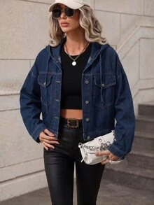 SHEIN Frenchy 女款單排扣休閒日常長袖牛仔夾克 - 中等水洗藍 - 查看 2