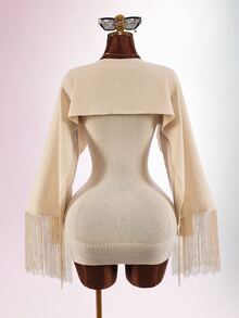 Amplova Women's Solid Color Dress And Tassel Design Cape Top Knit 2 Pieces Set - Apricot - View 8