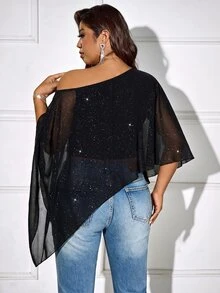 Elenzga Plus Size Women's Black Asymmetrical Shoulder Sequin Asymmetrical Hem Fashion Blouse - Black - View 2